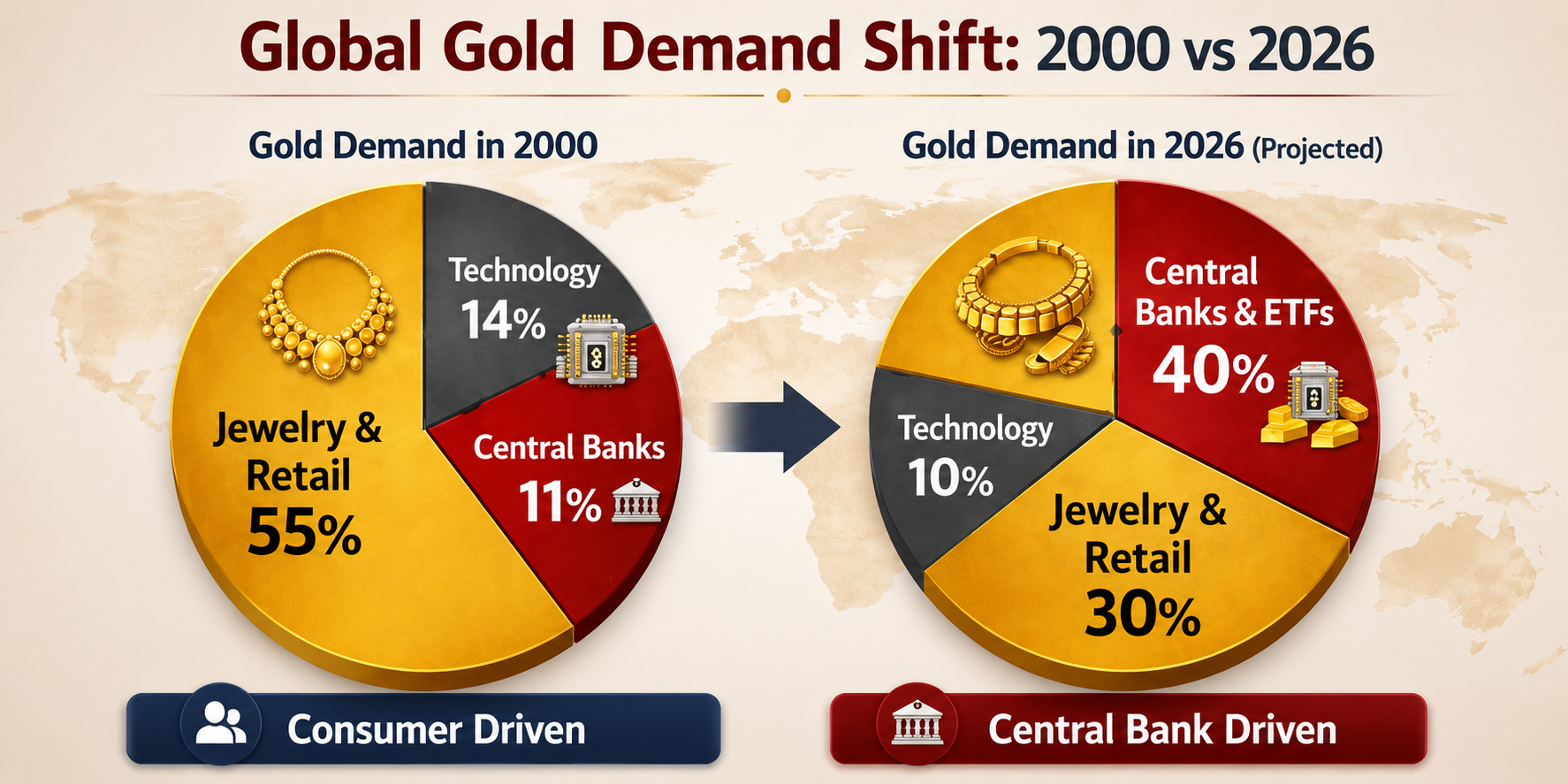 Global gold demand shift from 2000 to 2026 showing growth in central bank and ETF demand and decline in jewelry retail share.