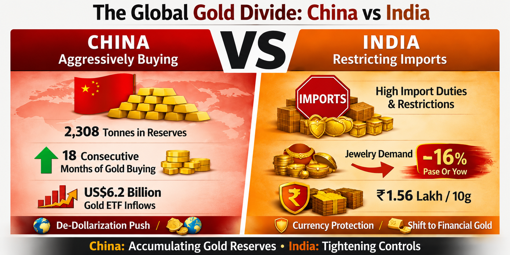 The Global Gold Divide showing China buying gold reserves while India restricts imports amid rising gold prices.